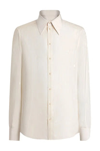 Dolce &amp; Gabbana men’s cream-colored silk shirt with long sleeves button-down and subtle vertical ribbed texture