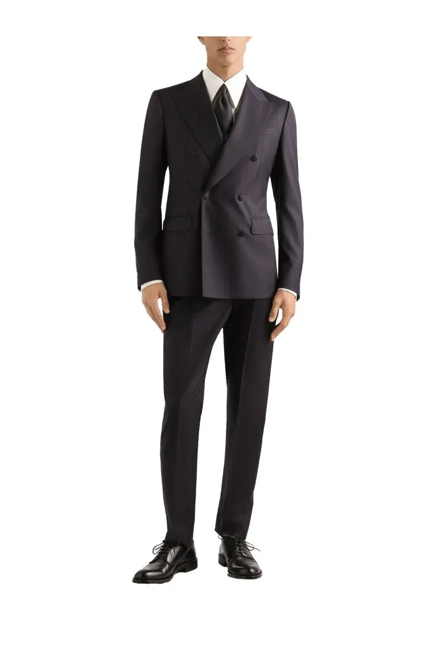 A sharply tailored navy blue double-breasted suit with classic fit and subtle texture paired with dolce gabbana men’s silk white shirt