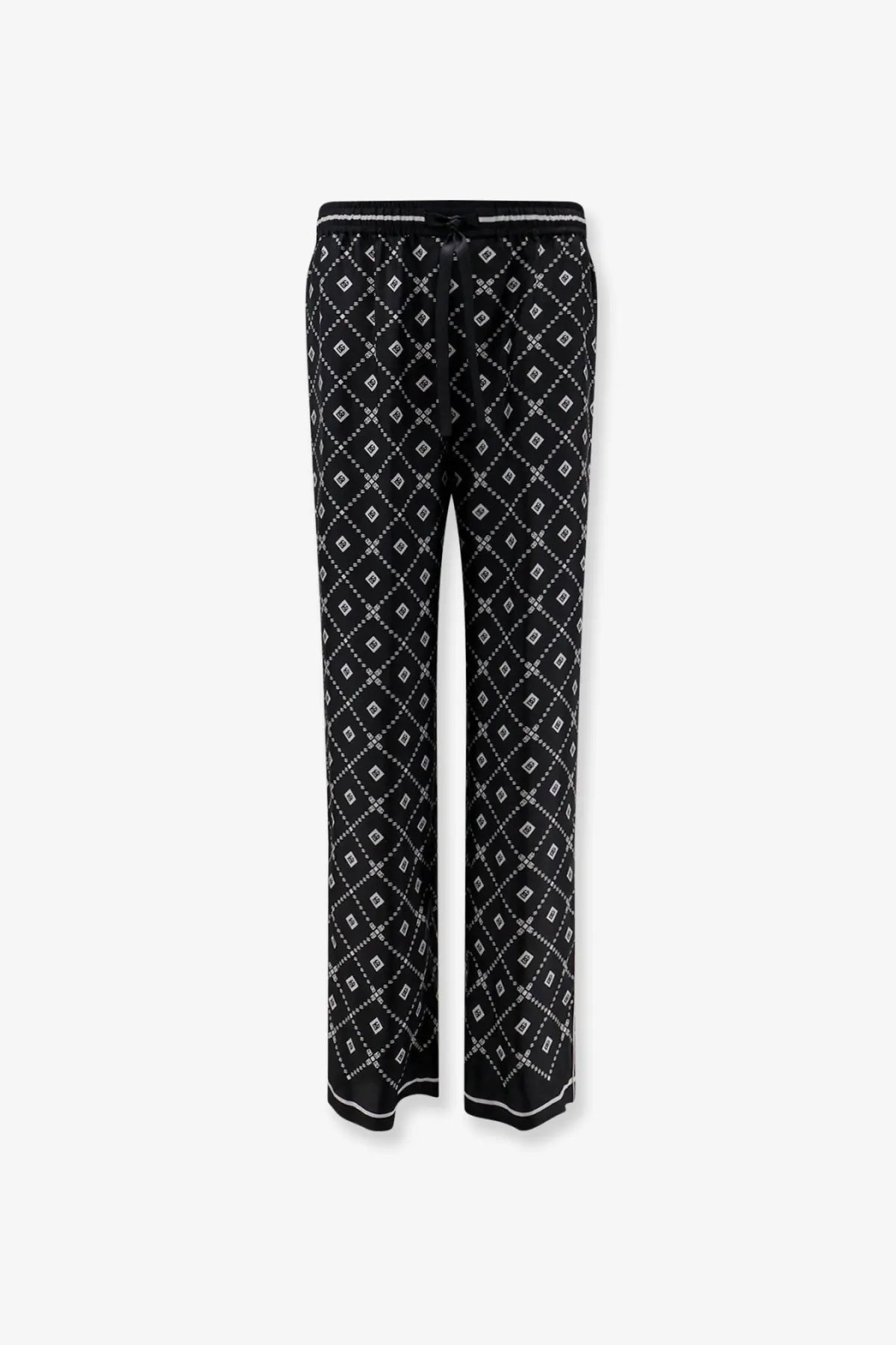 Dolce &amp; gabbana men’s black silk trousers with black and white geometric patterned wide-leg drawstring pants