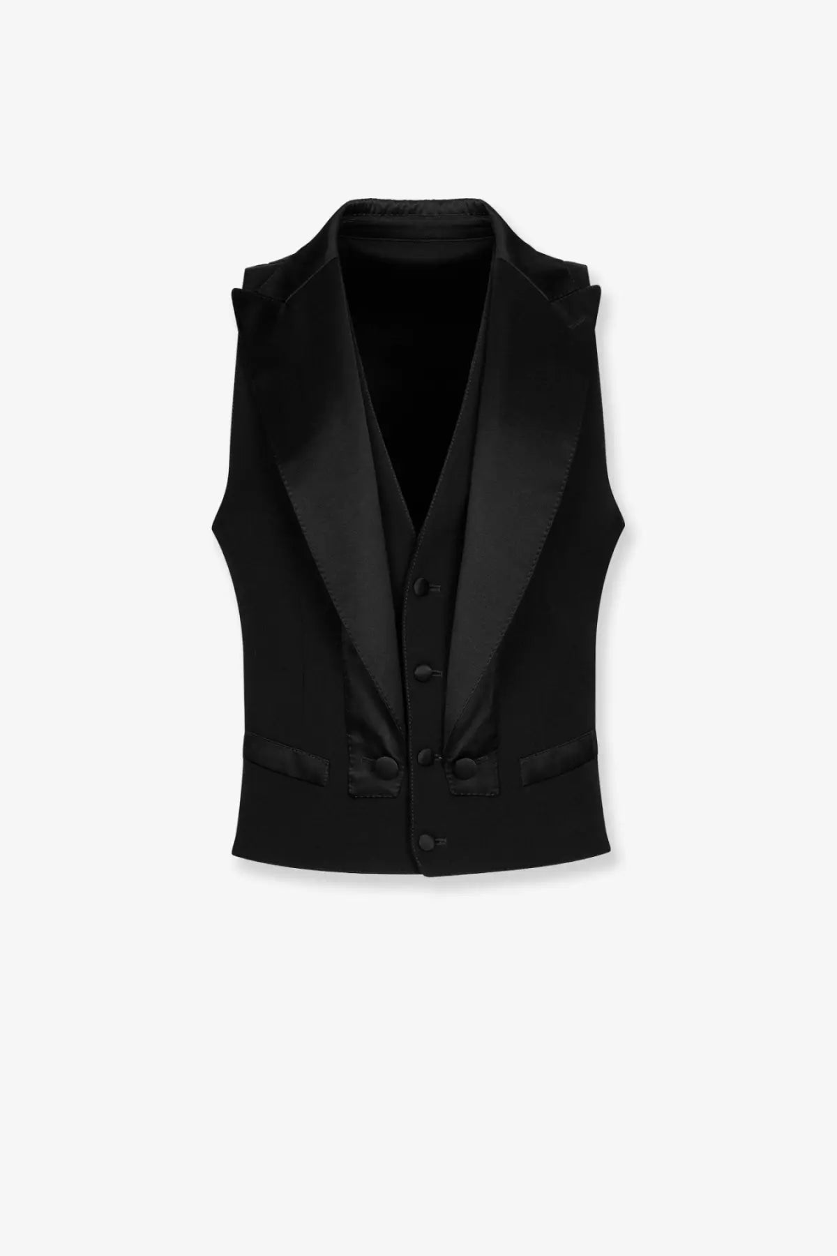 Dolce &amp; Gabbana men’s black satin gabardine tuxedo vest with notched lapels and button closures