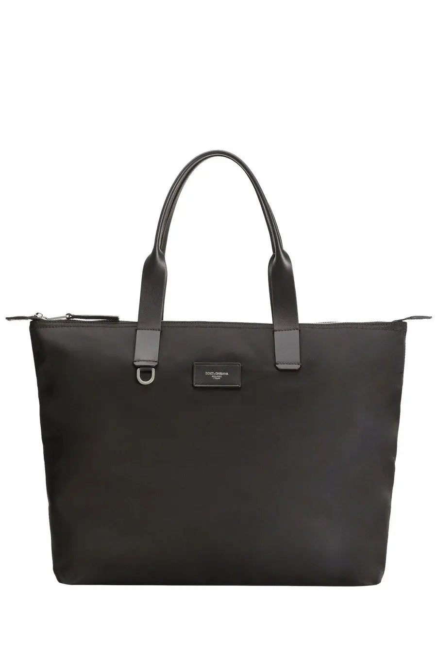 Dolce &amp; Gabbana men’s small Adamo black nylon tote bag with leather handles and rectangular brand plaque