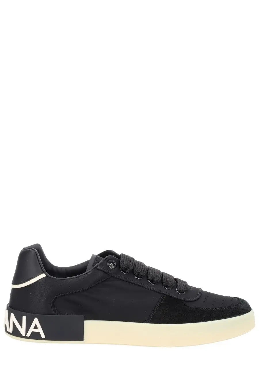 Back view of dolce &amp; gabbana men’s sneaker black with suede and canvas upper cream sole and white lettering on heel