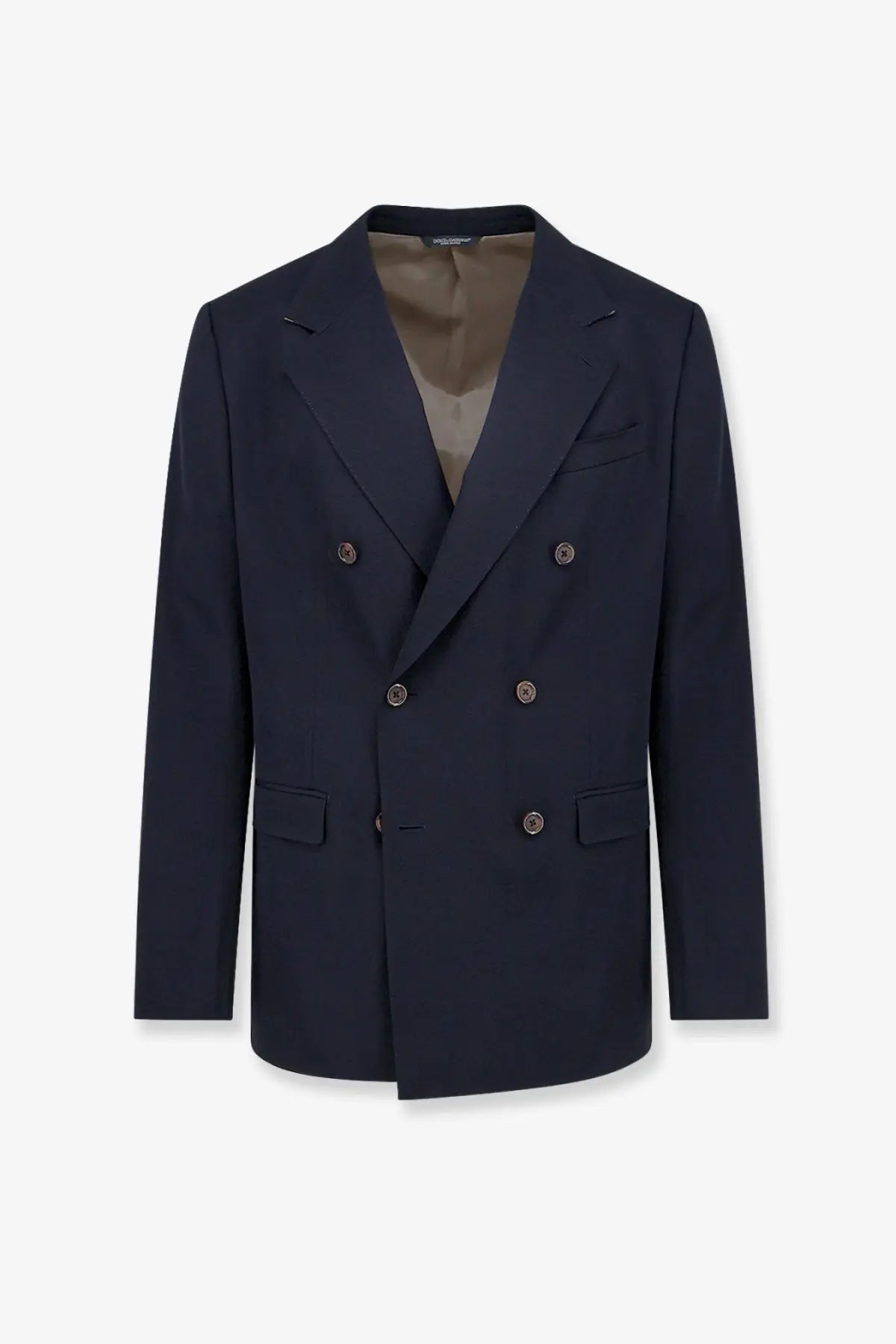 Navy blue double-breasted Dolce &amp; Gabbana men’s wool blazer with gold buttons and subtle texture in stretch virgin wool