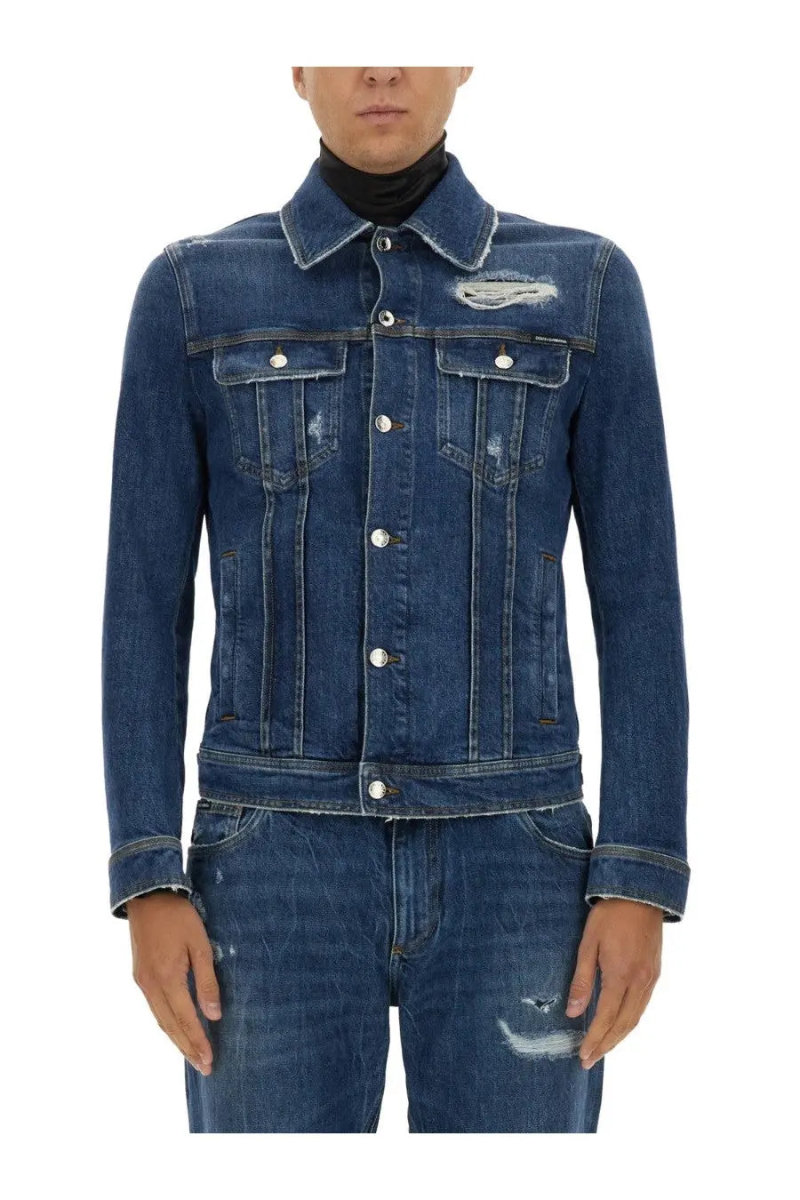 Dolce &amp; Gabbana men’s dark blue stretch denim jacket with distressed patches and silver buttons