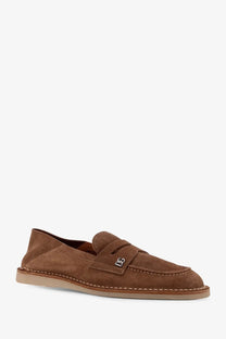 Dolce &amp; Gabbana men’s beige suede slipper loafers with a subtle textured finish and metallic logo plaque on the vamp