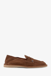 Dolce &amp; Gabbana men’s beige suede slipper loafers with brown color and subtle logo on the front