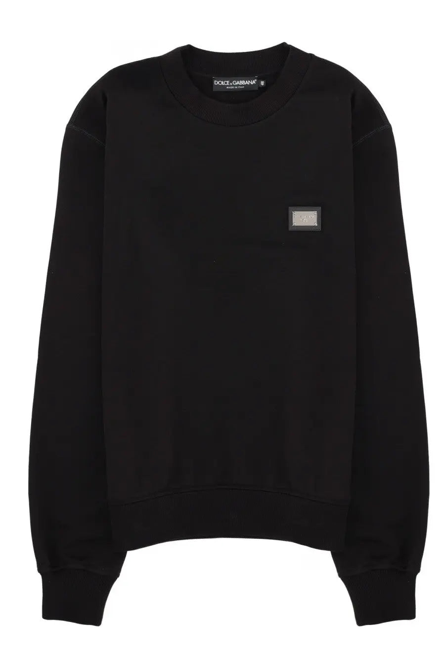 Dolce &amp; Gabbana men’s black sweatshirt featuring a rectangular metallic patch on the chest in cotton fabric