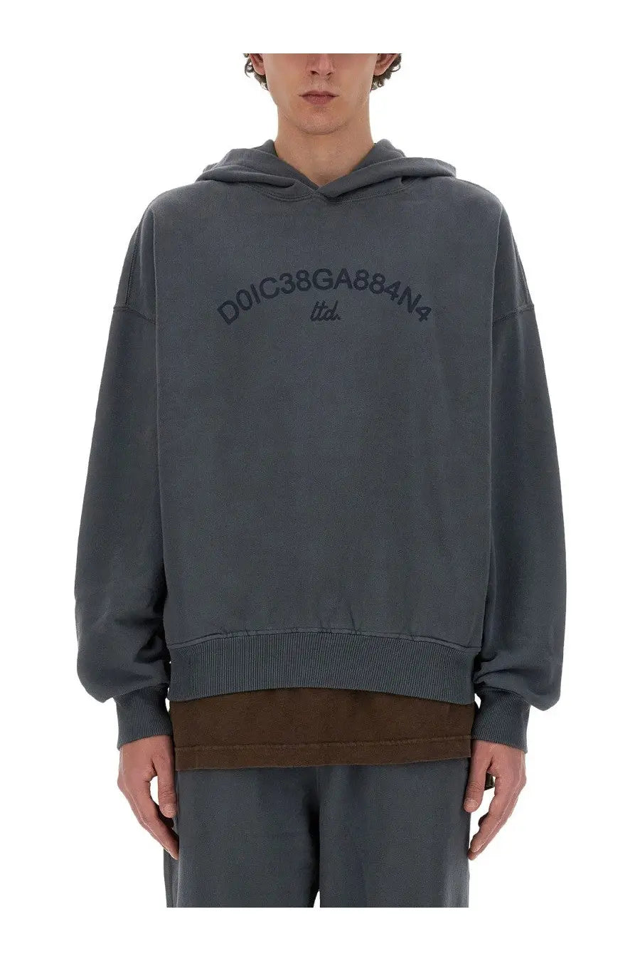 Dolce &amp; Gabbana men’s grey oversized hoodie with brown ribbed hem and cuffs featuring embroidered logo across chest