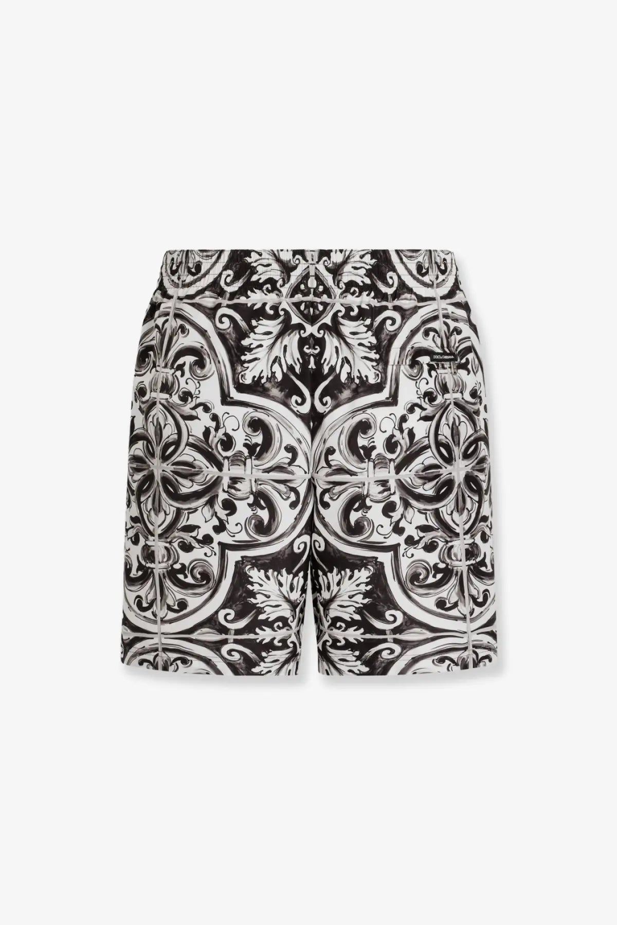 Dolce &amp; Gabbana men’s swim trunks black with intricate black and white tilework pattern on lightweight fabric