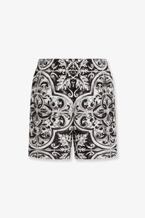 Dolce &amp; Gabbana men’s swim trunks black with intricate black and white tilework pattern on lightweight fabric