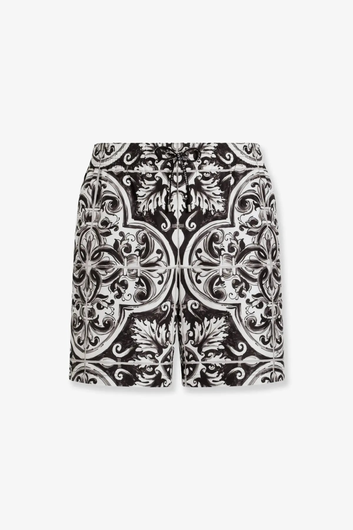 Dolce &amp; Gabbana men’s swim trunks black with black and white vintage tilework patterned shorts design