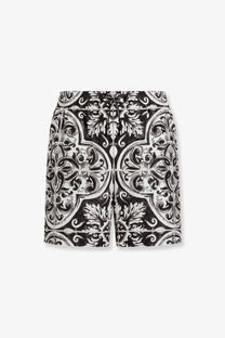 Dolce &amp; Gabbana men’s swim trunks black with black and white vintage tilework patterned shorts design