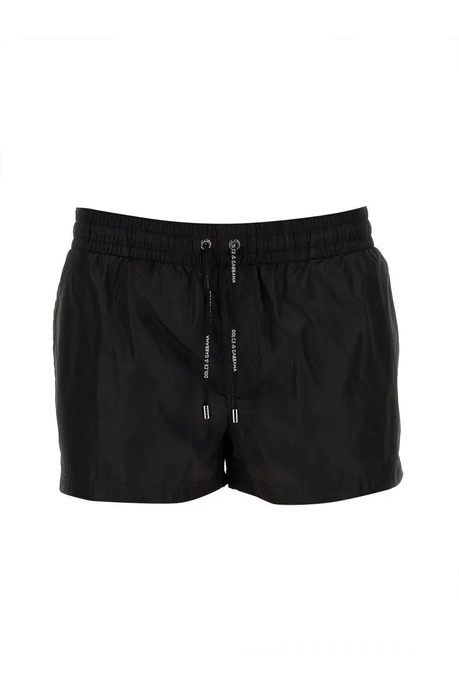 Dolce &amp; Gabbana men’s black swim trunks made of lightweight fabric with subtle white branding on the drawstring