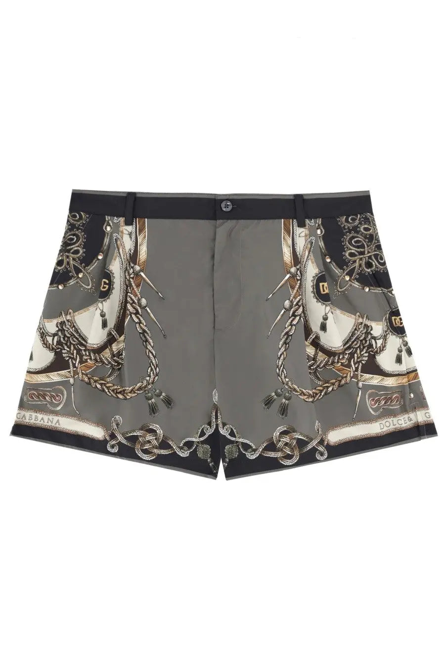 Dolce &amp; Gabbana men’s swimsuit grey featuring intricate horse tack print with gold and black detailing