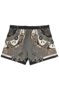 Dolce &amp; gabbana men’s grey swim trunks with intricate braided rope pattern tassels and black and gold logo detailing