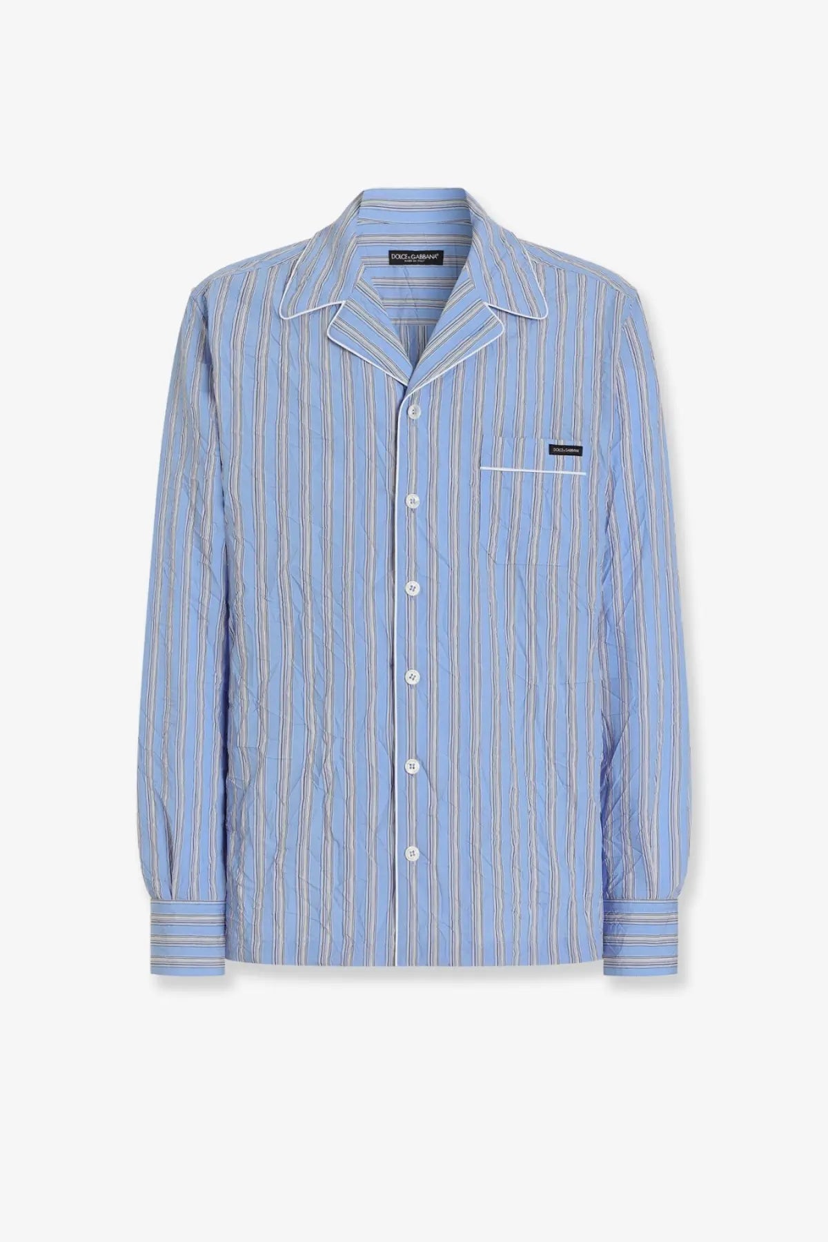 Dolce &amp; Gabbana men’s vanity pajamas froissé cotton shirt with light blue and white vertical stripes and button-down front