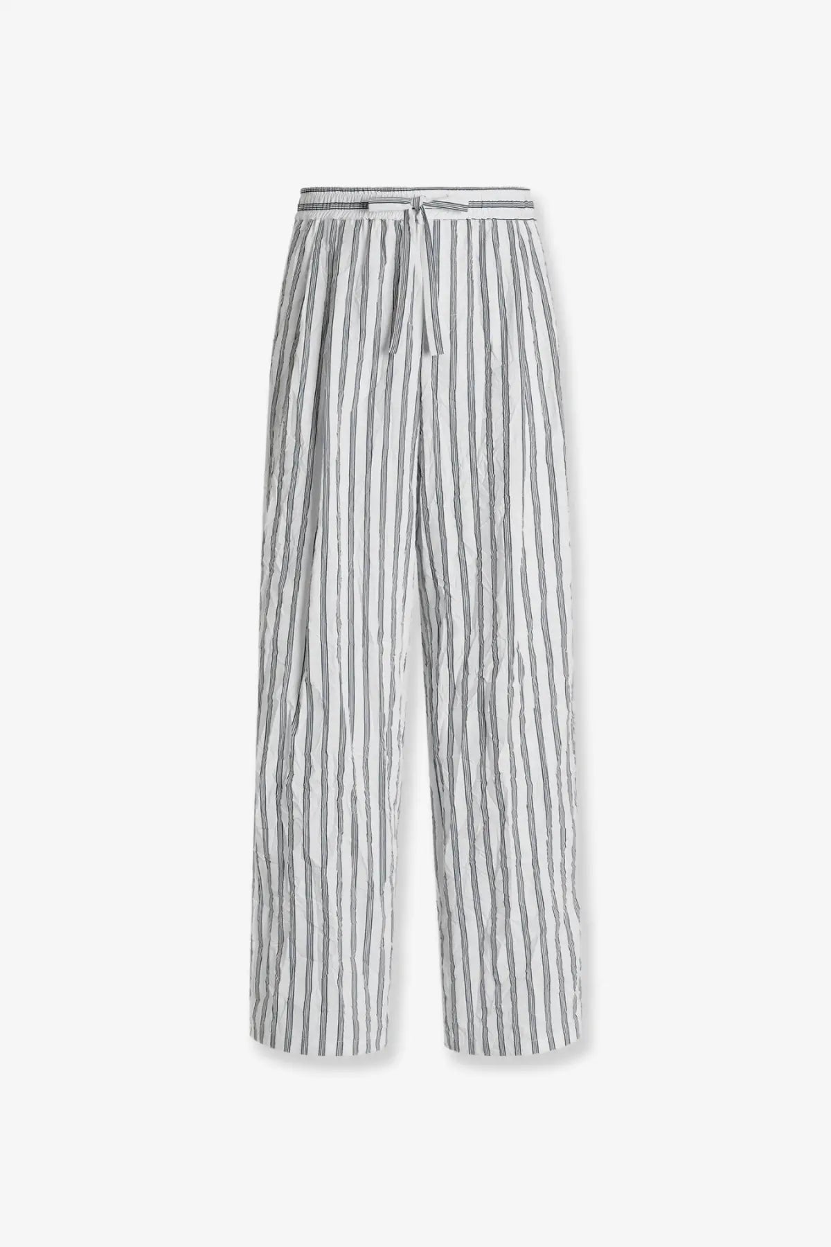 Dolce gabbana men’s vanity pajamas froissé fabric trousers in white and gray vertical stripes with drawstring waistband