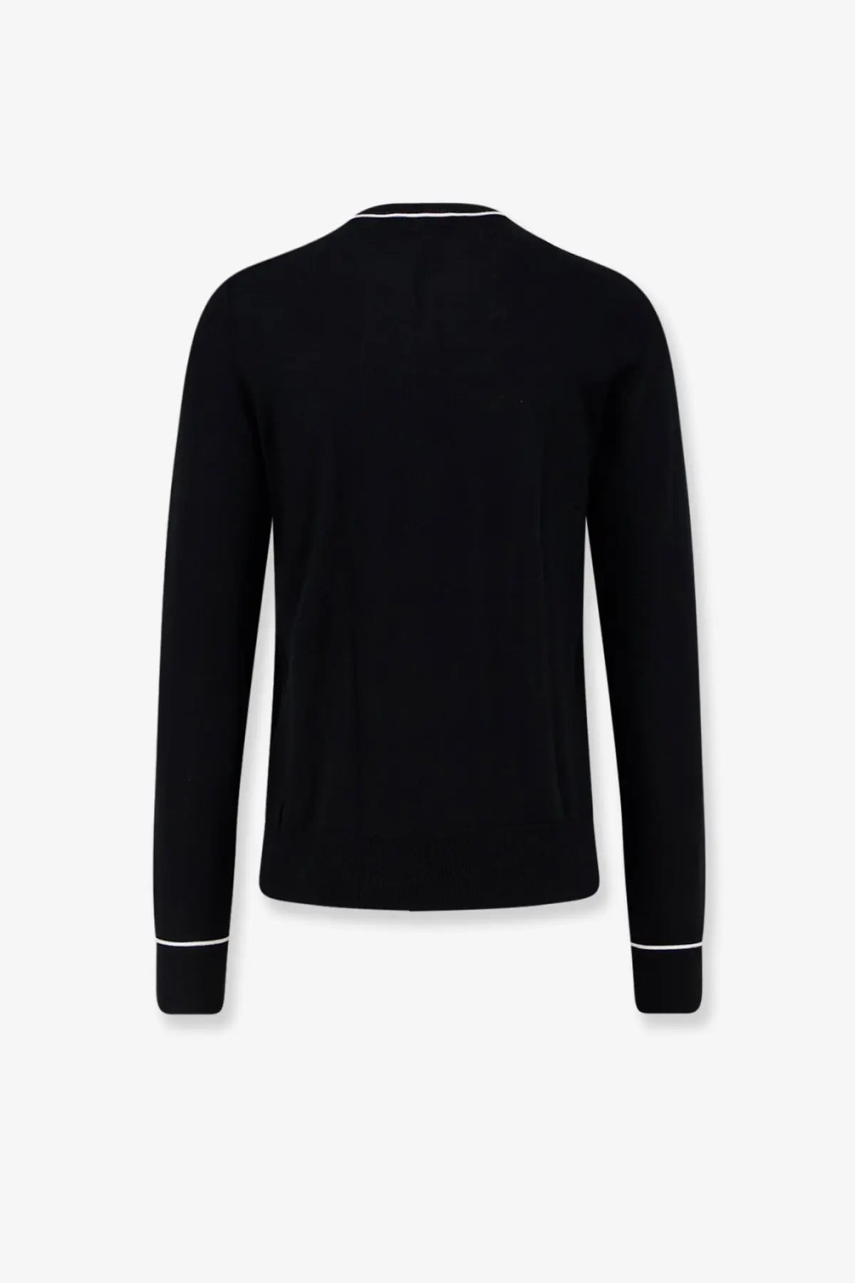 Dolce &amp; Gabbana men’s black virgin wool sweater with long sleeves and white trim at neckline and cuffs