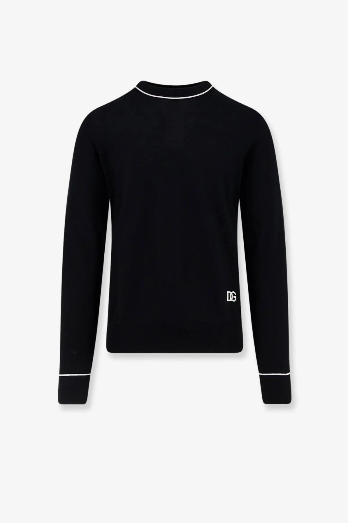 Dolce &amp; Gabbana men’s black virgin wool sweater with white trim and dg logo on lower left side