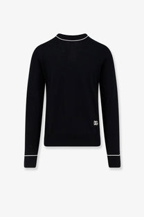 Dolce &amp; Gabbana men’s black virgin wool sweater with white trim and dg logo on lower left side
