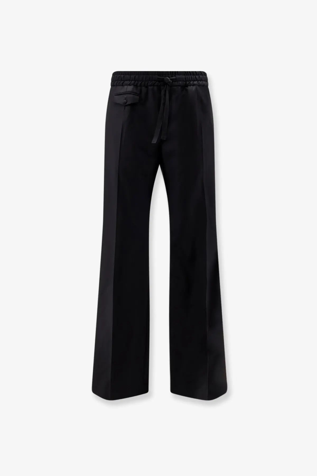 Black satin wide-leg trousers with drawstring waistband from Dolce &amp; Gabbana men’s virgin wool collection