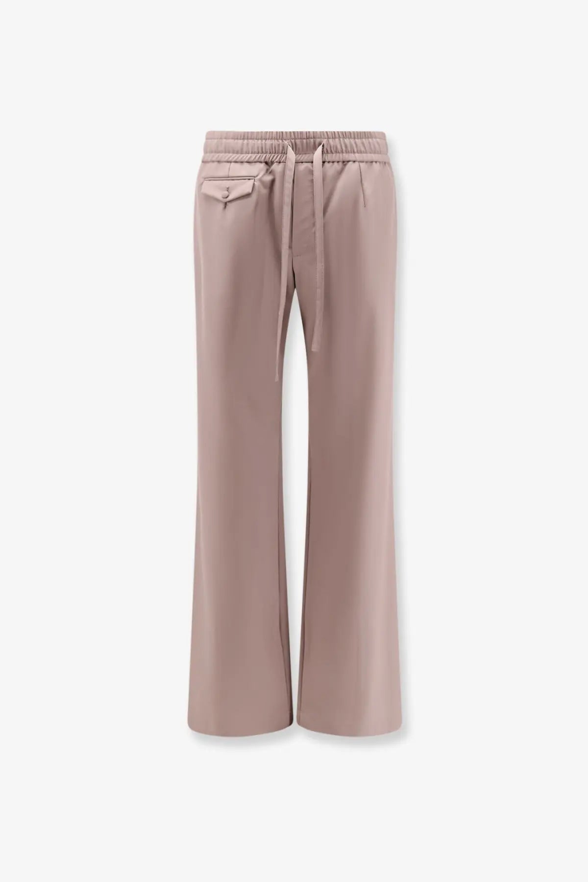 Dolce &amp; gabbana men’s brown virgin wool trousers with soft mauve wide-leg elastic waistband and drawstring detail
