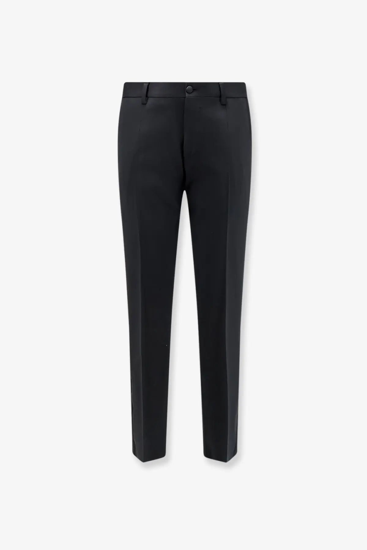 Dolce &amp; Gabbana men’s black tailored trousers in viscose and silk blend with sleek straight-leg cut and single button closure