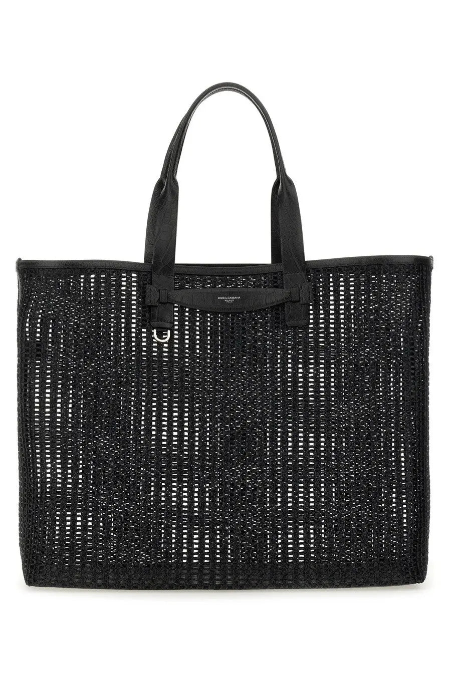 Dolce &amp; Gabbana men’s black woven mesh tote bag with leather handles and branded front strap for shopping