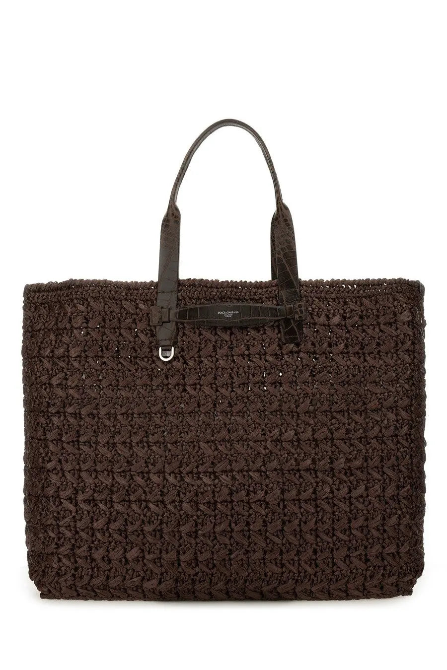 Dolce &amp; Gabbana men’s brown woven tote bag with textured crocodile-embossed leather handles and central strap