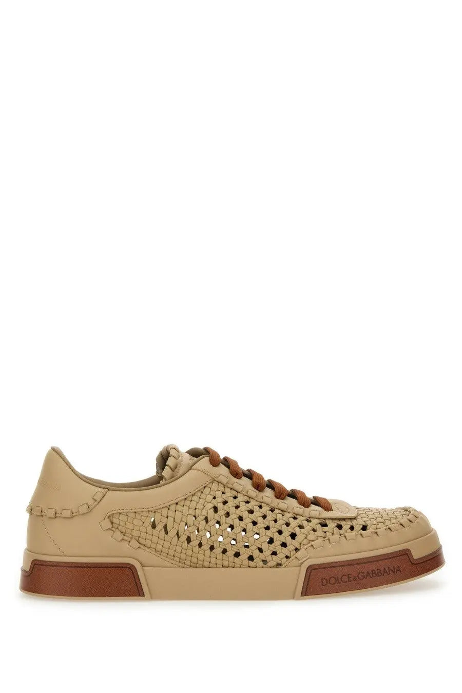Beige woven leather low-top sneaker by Dolce &amp; Gabbana with brown laces braided toe box and heel counter rubber sole