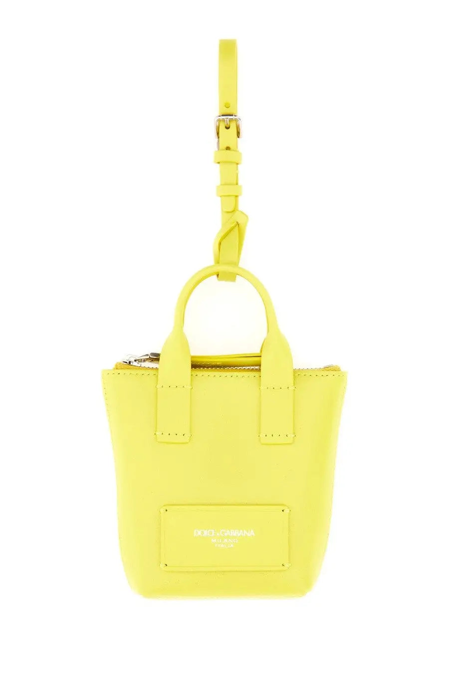 A vibrant yellow leather mini tote bag with top handle, detachable strap, and dolce &amp; gabbana logo plaque