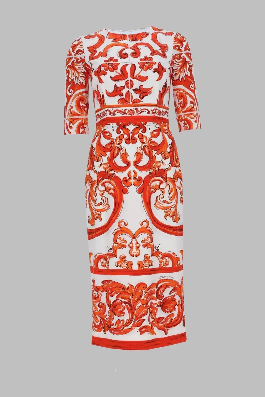 Dolce &amp; Gabbana women’s orange and white charmeuse midi dress with vibrant baroque-style floral embroidery