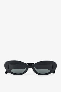 Dolce &amp; Gabbana women’s black acetate sunglasses with black oval-shaped frame and dark gray gradient lenses