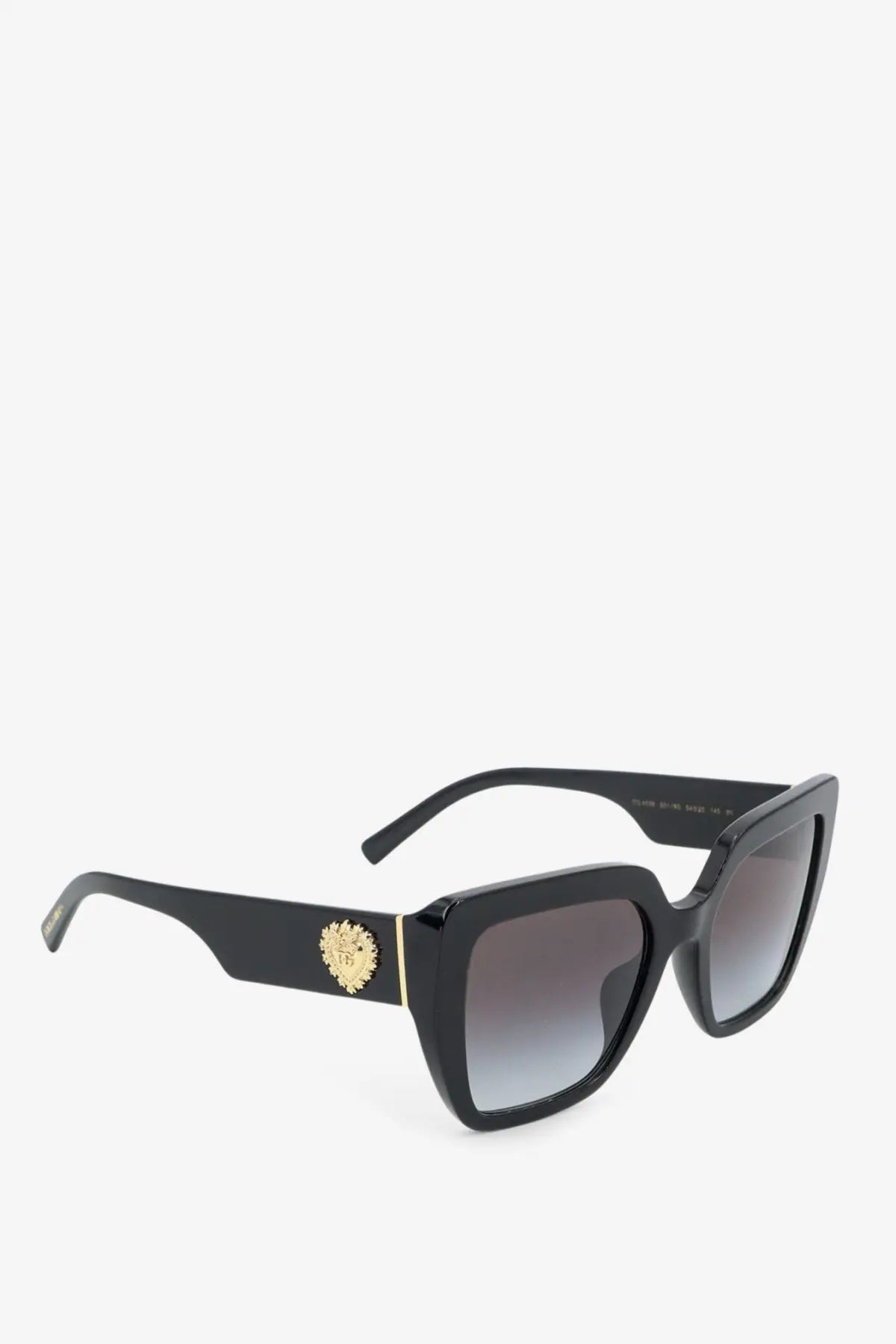 Dolce &amp; Gabbana women’s black acetate square sunglasses with gradient gray lenses and gold lion emblem on the temple