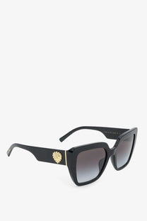 Dolce &amp; Gabbana women’s black acetate square sunglasses with gradient gray lenses and gold lion emblem on the temple