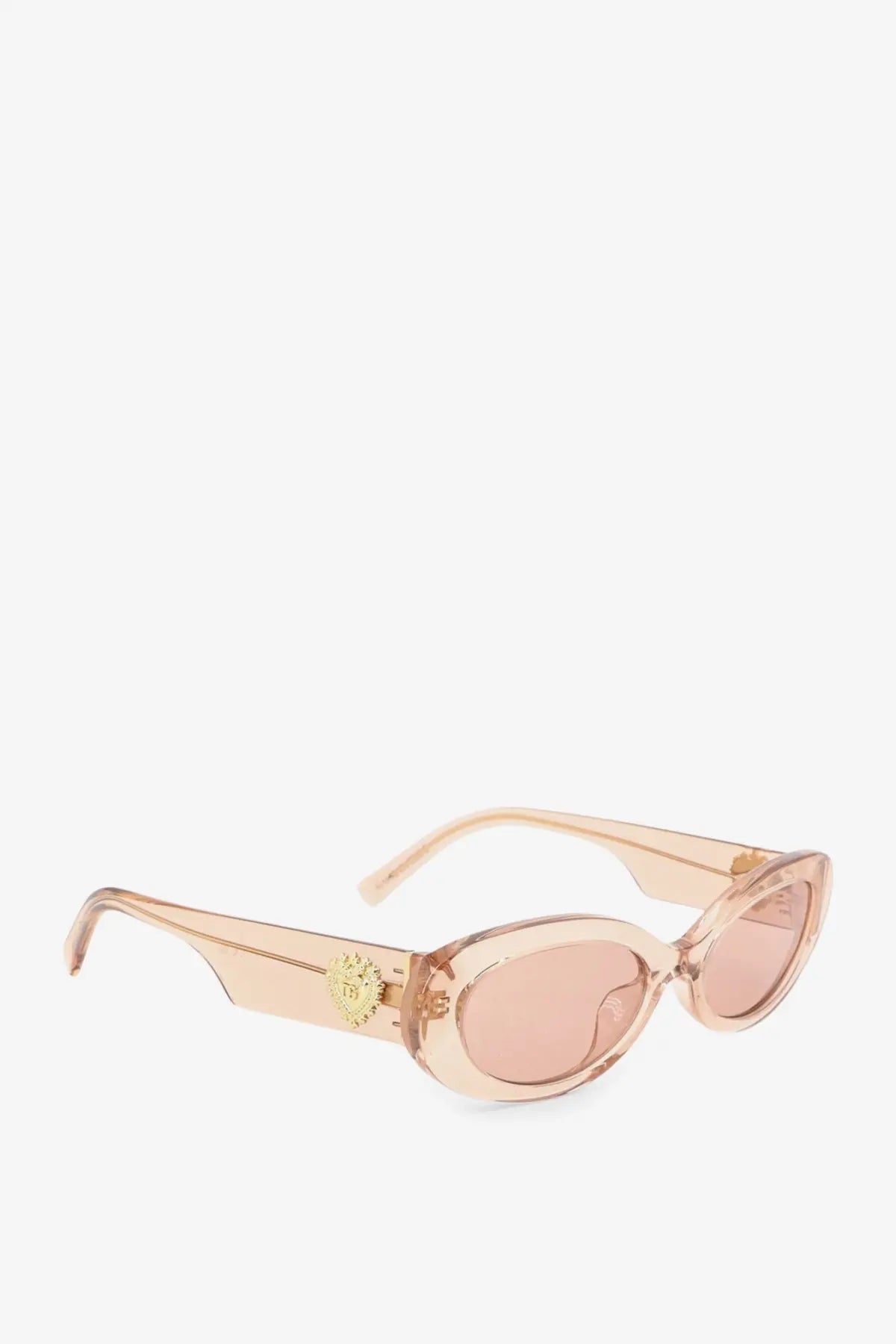 Dolce &amp; Gabbana women’s pink translucent acetate cat-eye sunglasses with gold lion emblem on the temple