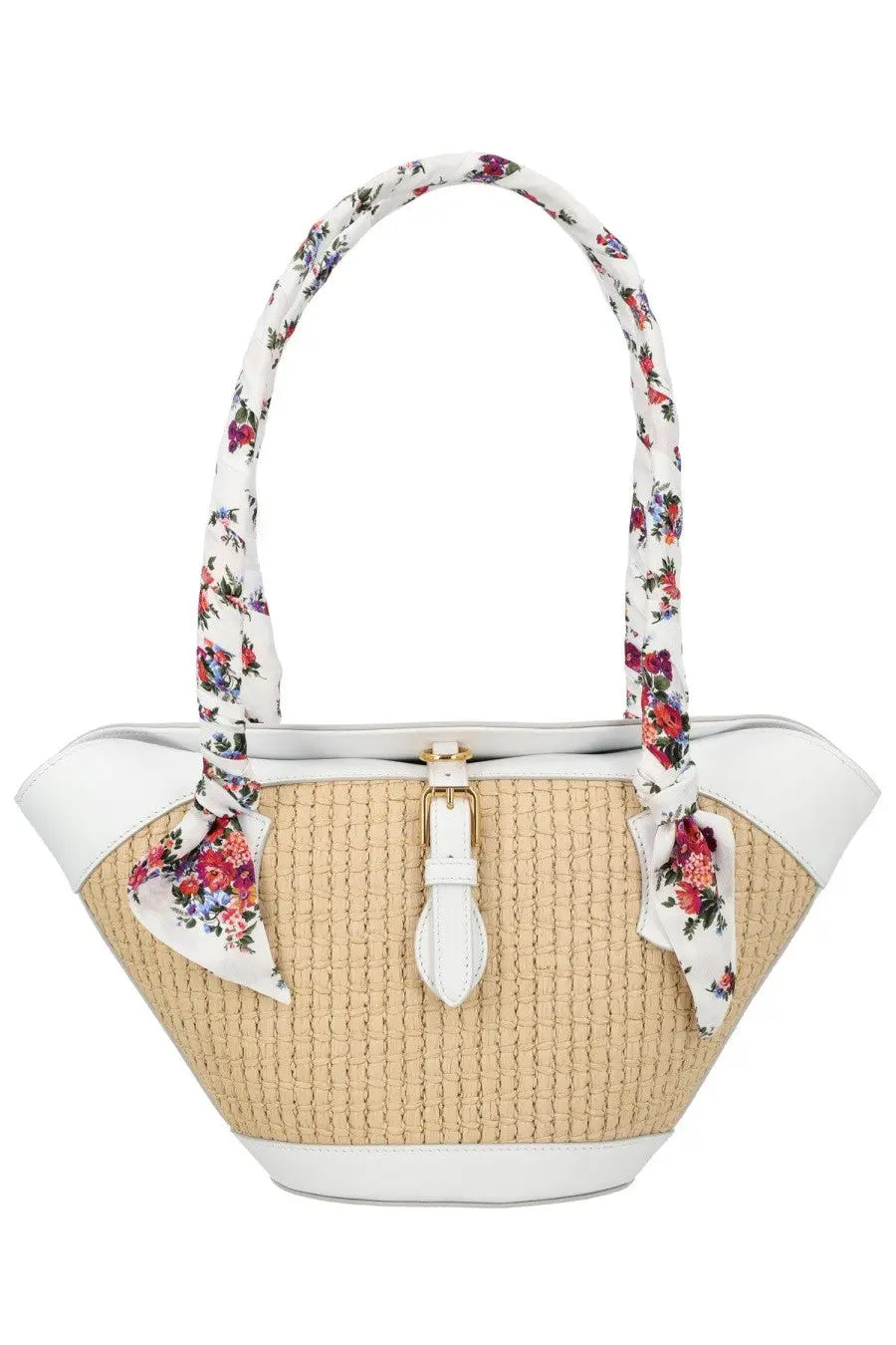 Dolce &amp; Gabbana women’s beige woven straw handbag with white leather trim and floral fabric handles tied into bows