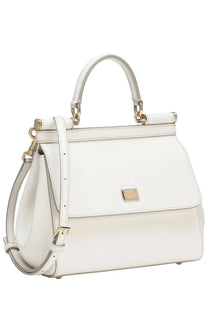 Dolce &amp; Gabbana women’s white leather Sicily medium handbag with gold-tone hardware and top handle