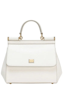 Dolce &amp; Gabbana women’s sicily medium white leather handbag with gold-tone hardware and rectangular front plaque