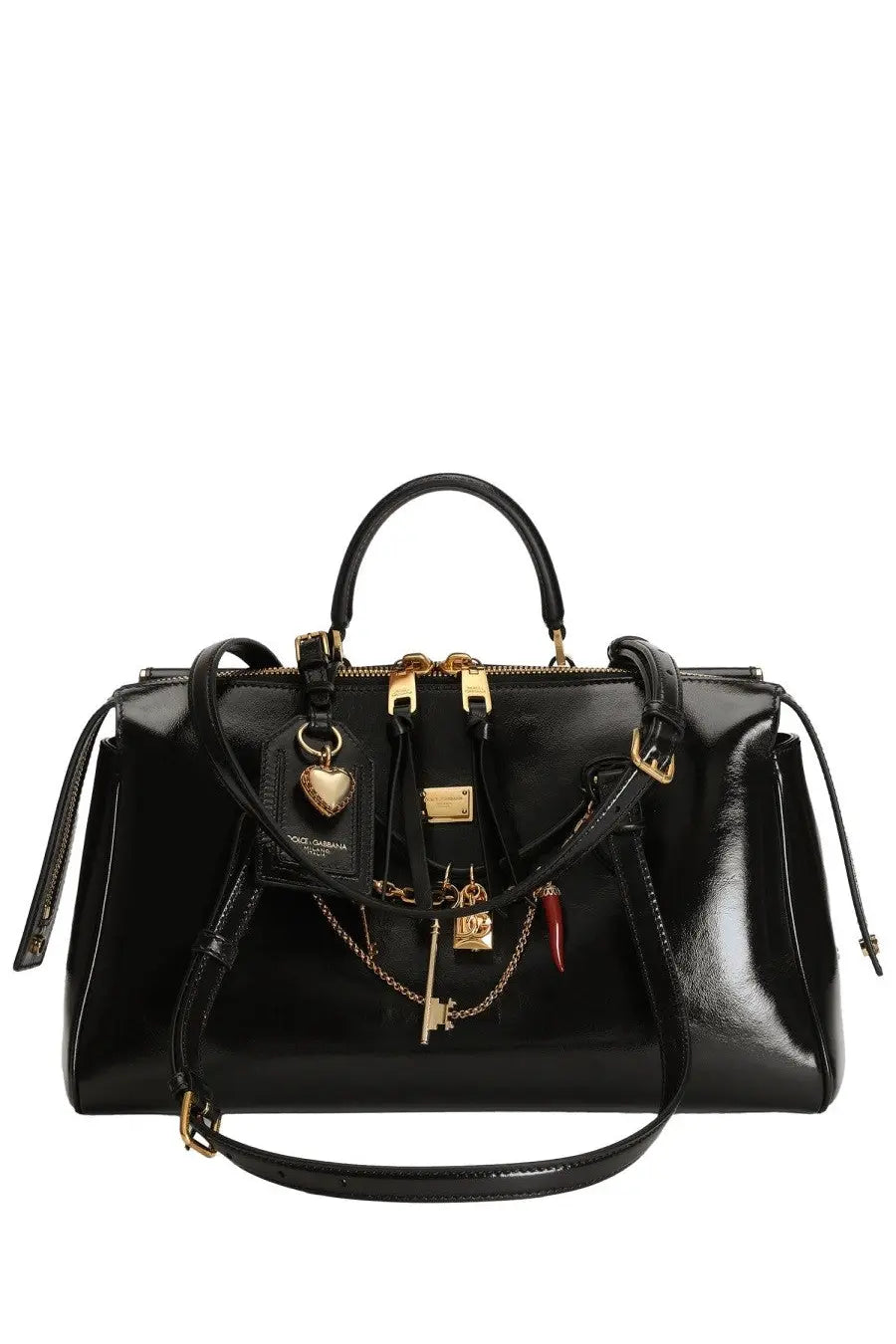 Dolce and gabbana women’s black patent leather bag with gold-tone hardware and decorative charms victory model