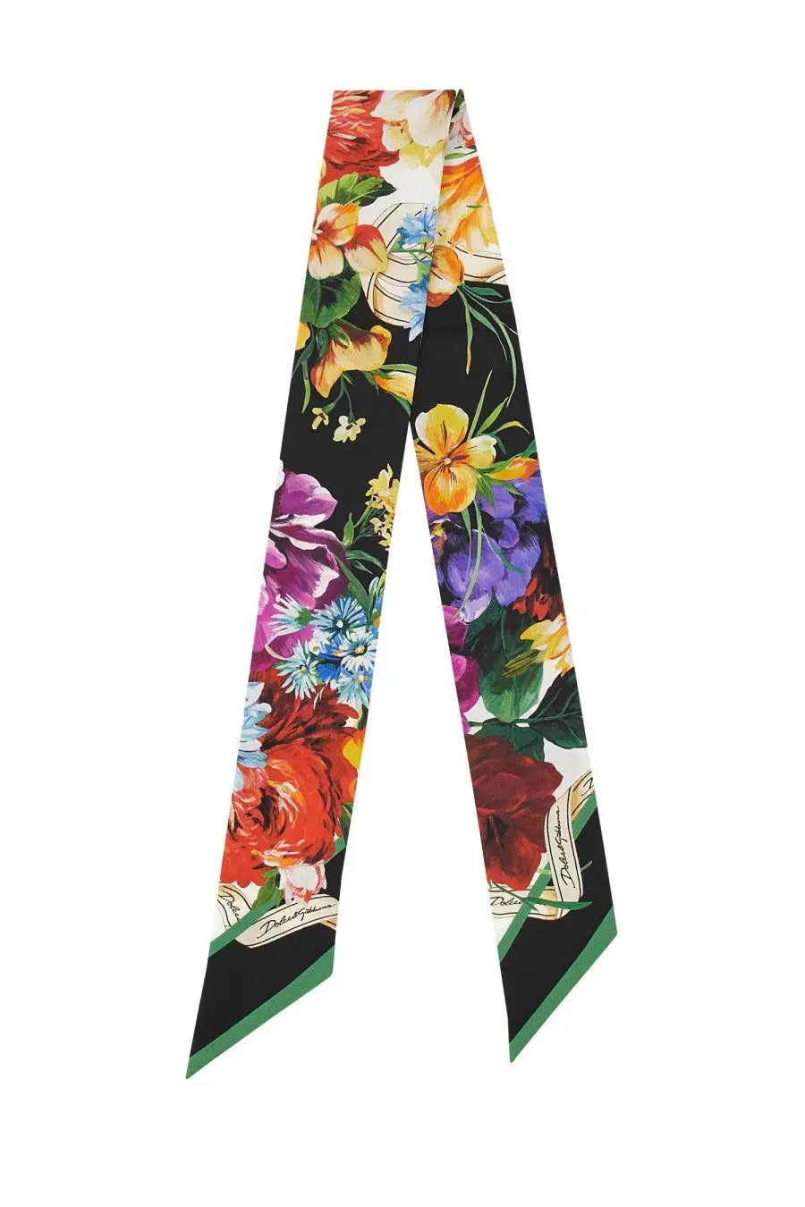 Dolce &amp; Gabbana women’s twill bandeau featuring vibrant floral silk scarf with bold red yellow purple and blue blossoms on black