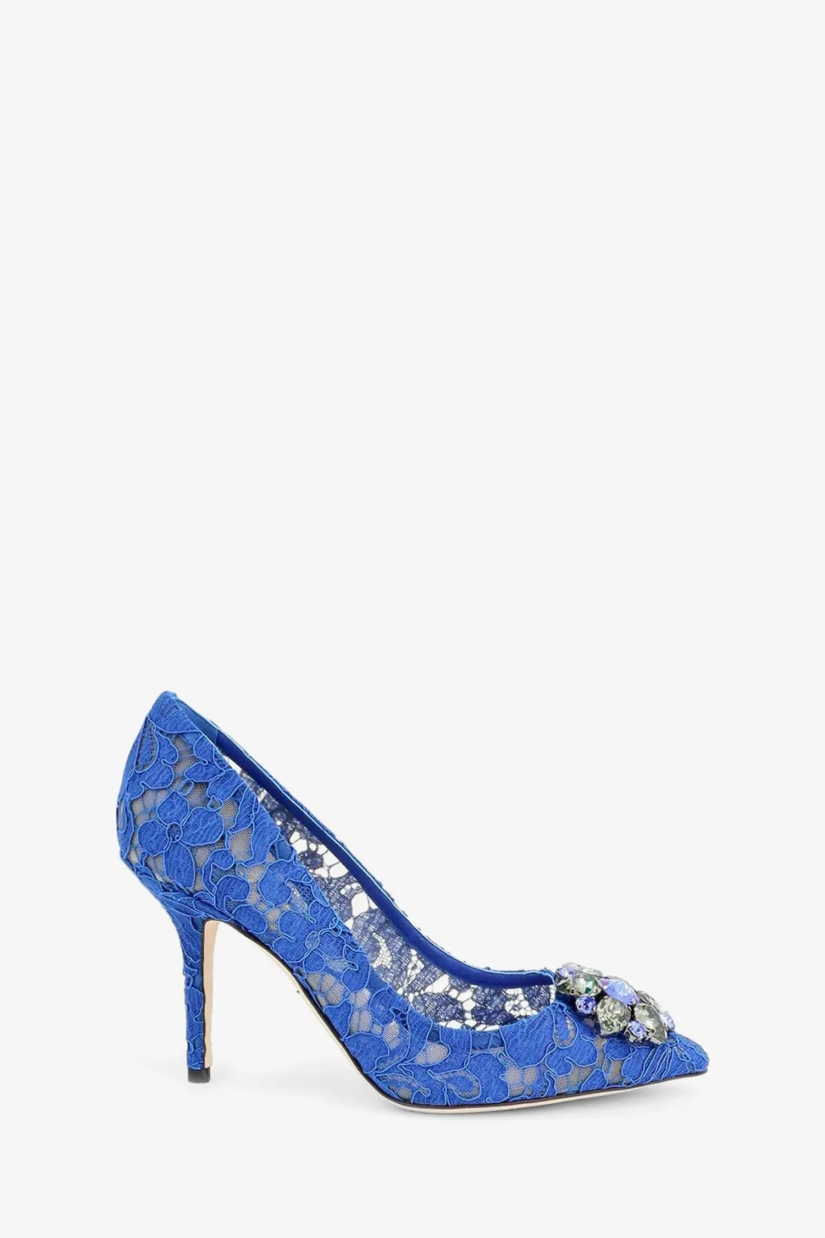 Dolce &amp; Gabbana women’s bellucci lace écolleté blue high-heeled pump with floral embellishment at the toe