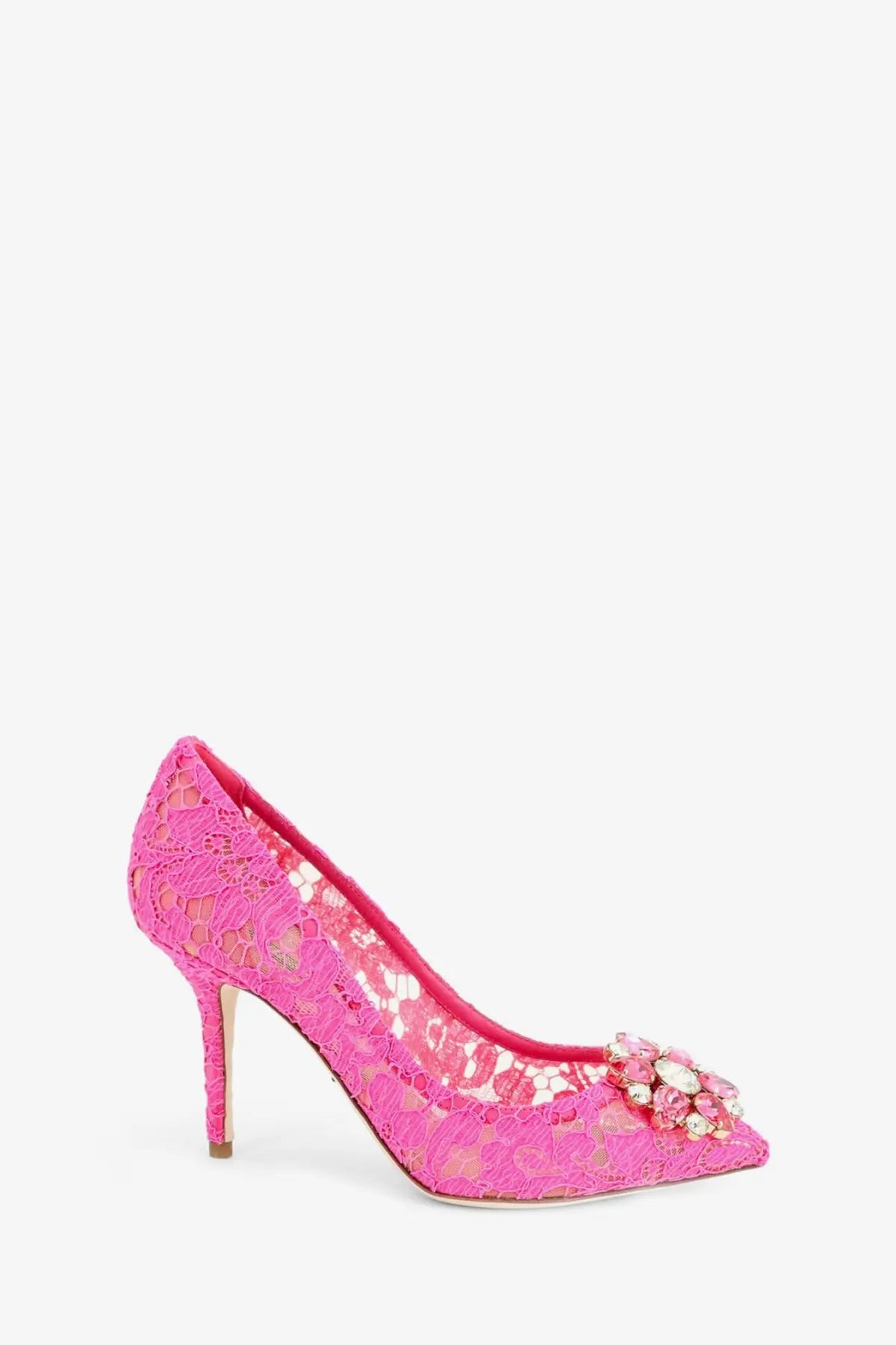 Dolce &amp; Gabbana women’s Bellucci lace pump in vibrant pink with sparkling floral embellishment at the toe