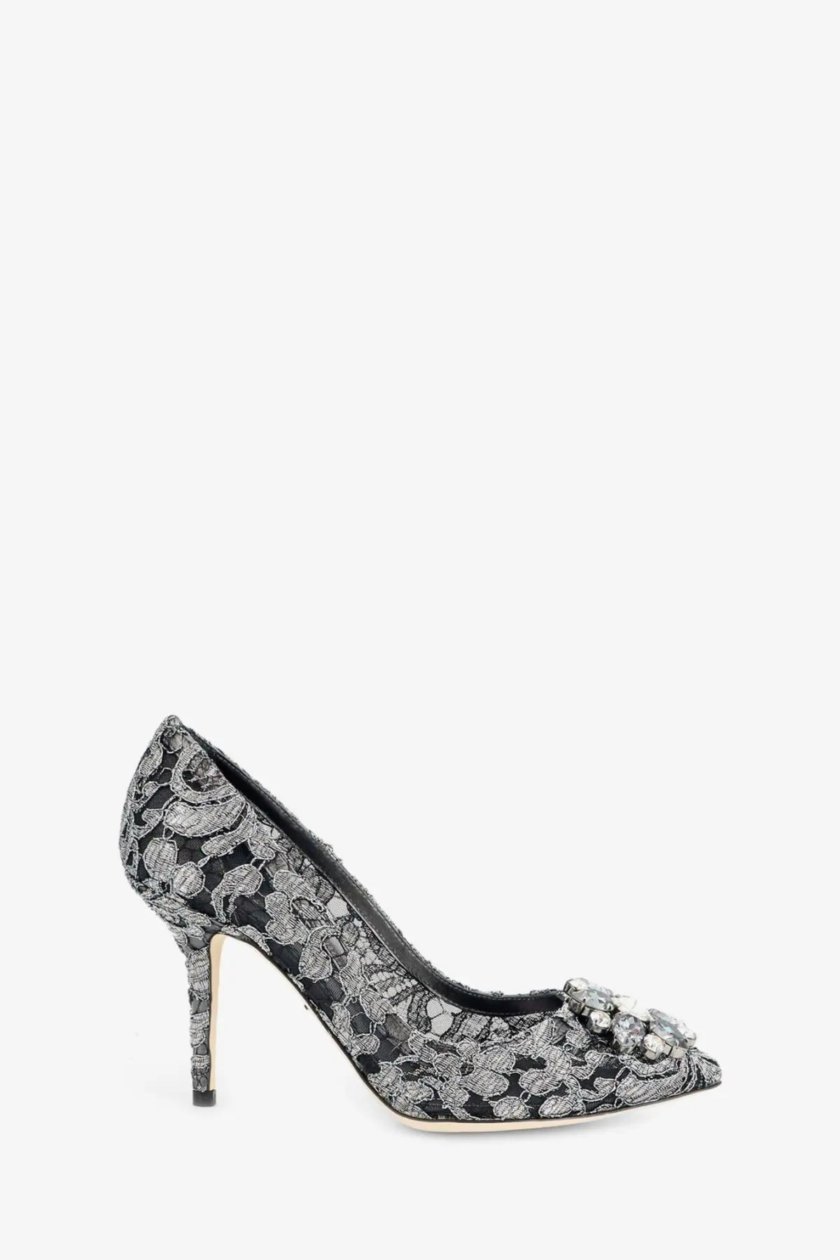 Dolce &amp; Gabbana women’s Bellucci lurex lace pump in black and silver with floral embellishment at the toe