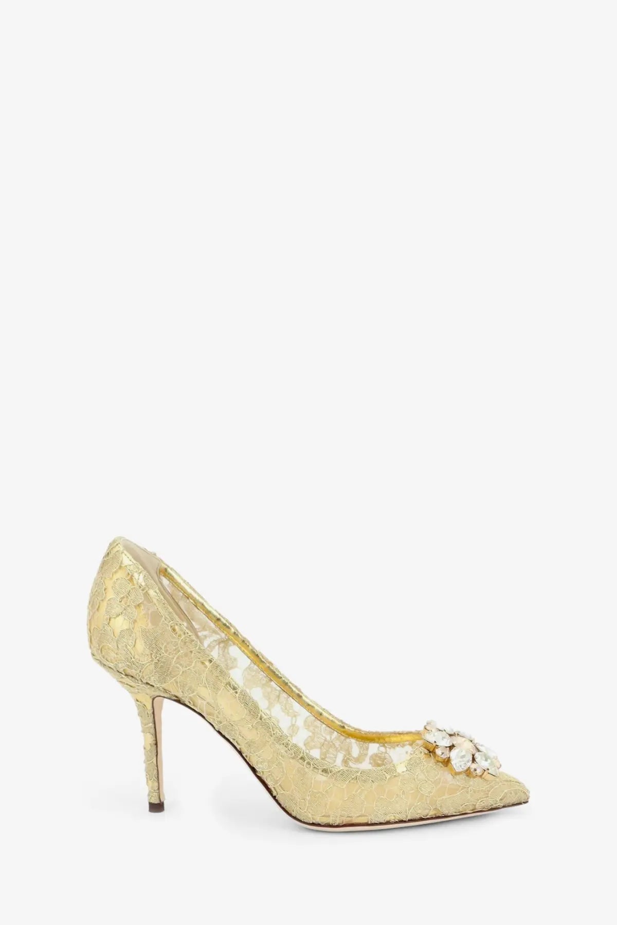 Dolce &amp; Gabbana women’s gold lace pump with crystal embellishment at the toe in lurex material