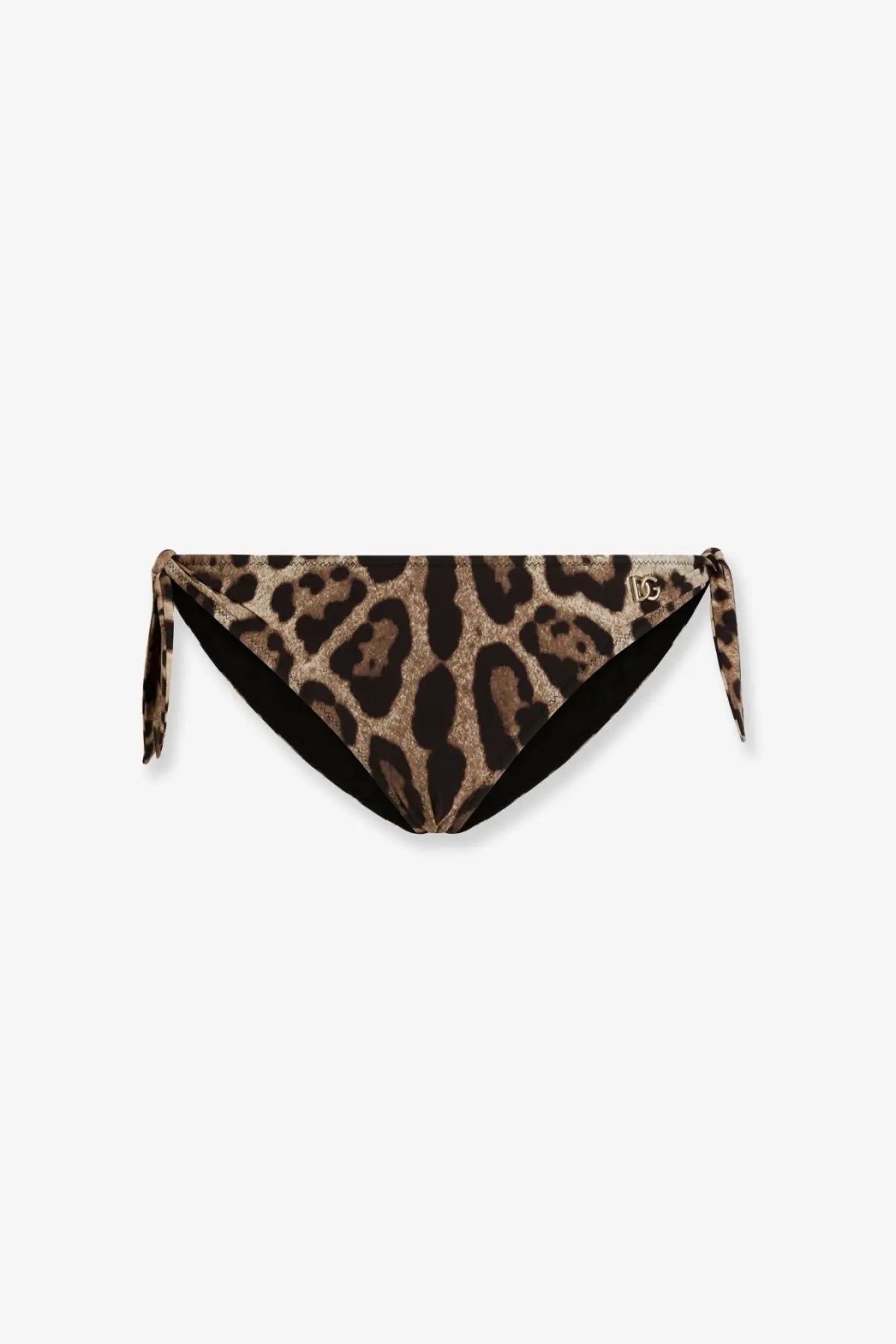 Dolce &amp; Gabbana women’s leopard-print bikini slip with shimmering gold and black pattern side ties and brand logo on hip