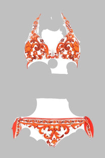 Dolce &amp; Gabbana women’s halter top bikini set in vibrant orange and white with intricate floral stampa maiolica designs