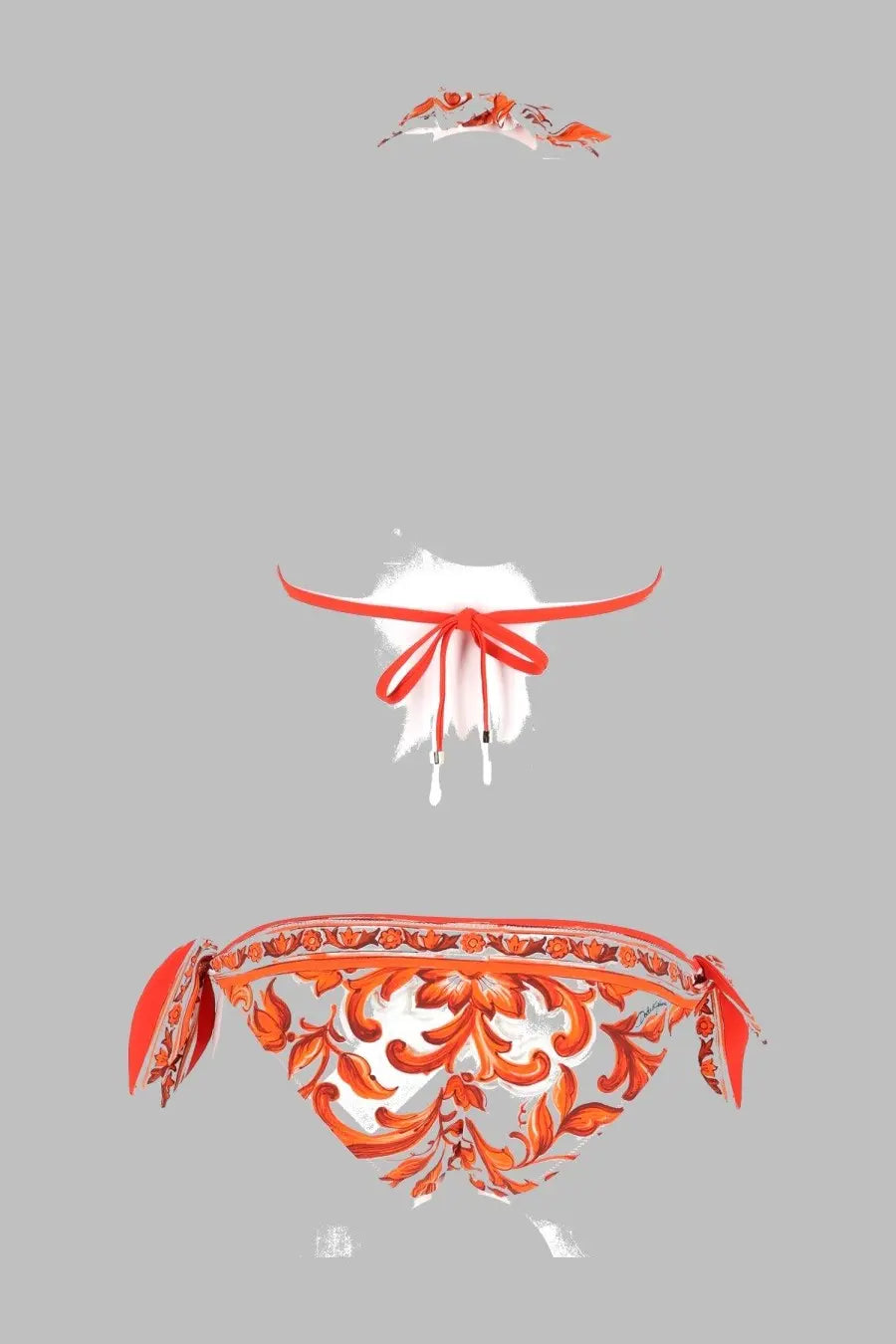 Dolce and gabbana women’s bikini triangolo with orange and white floral print and red ribbon ties