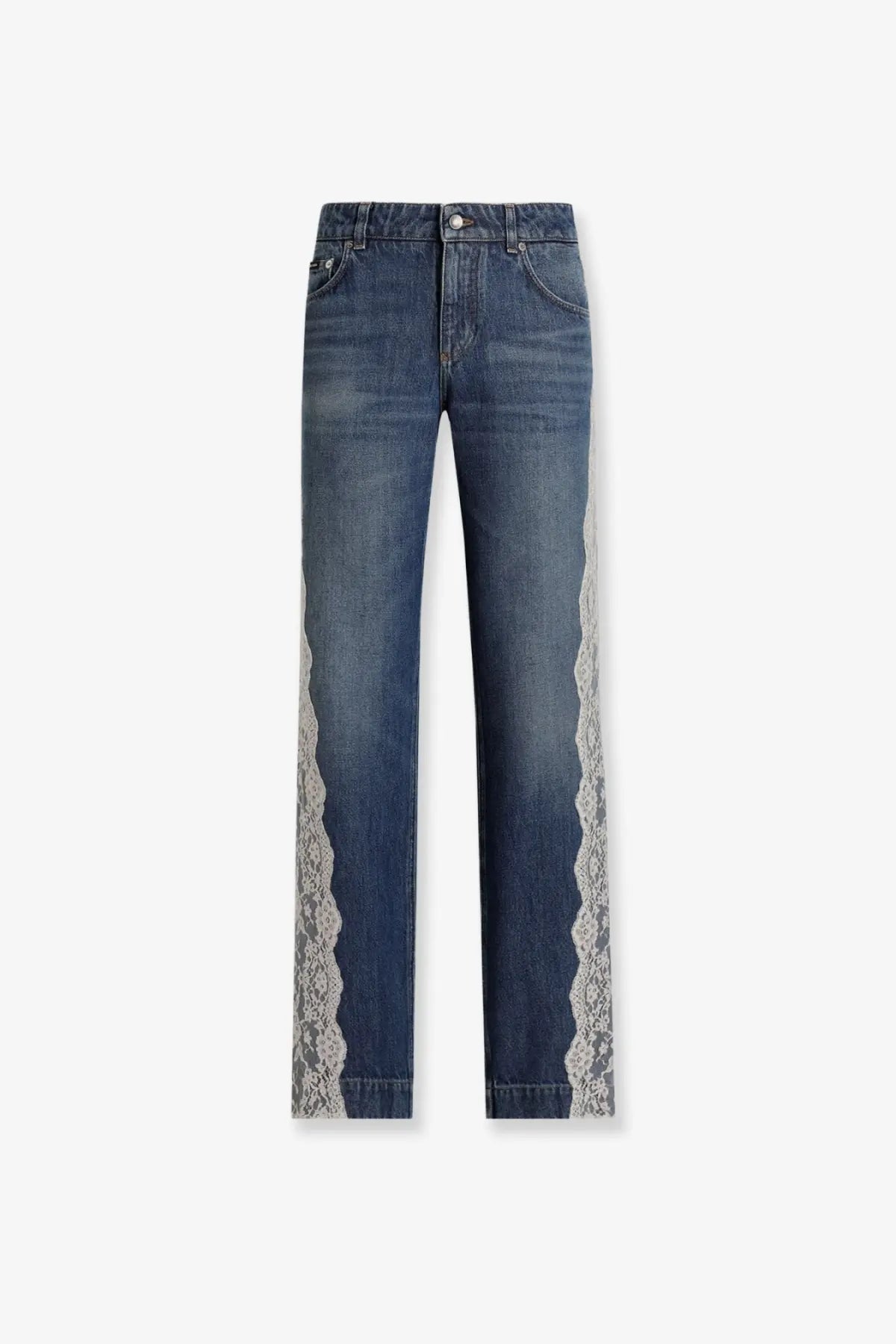 Dolce &amp; Gabbana women’s blue denim jeans with delicate white lace trim running down the outer sides of each leg