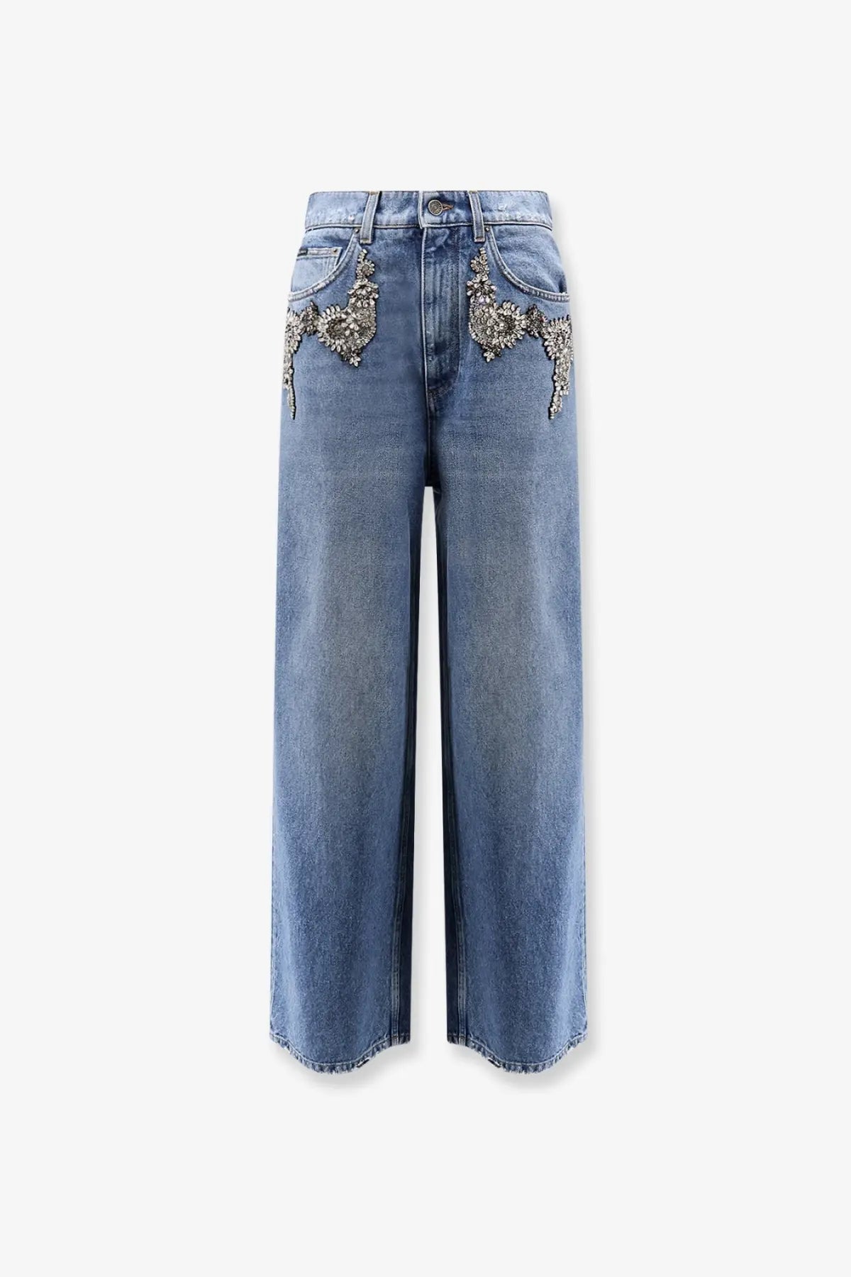 Dolce &amp; Gabbana women’s blue high-waisted wide-leg denim jeans with silver and gold beaded embroidery on front pockets